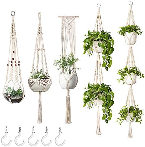 Mkono Macrame Plant Hangers, 5 Pack Different Tiers Indoor Hanging Planters Basket with 5 Hooks Decorative Flower Pots Holder Stand Boho Home Decor