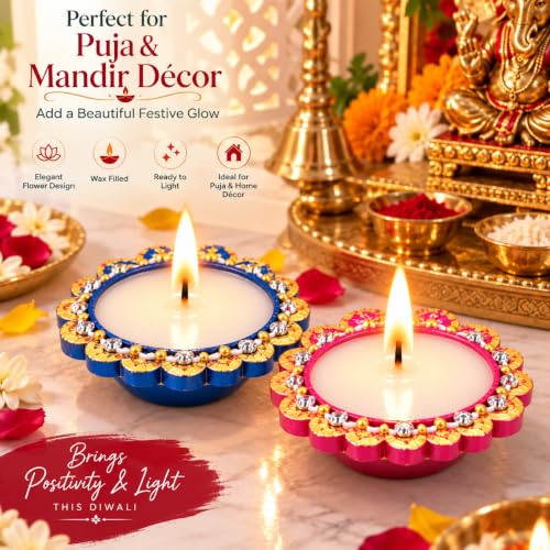 Image of DIVAYANSHI Terracotta Diya with Wax Filled | Traditional Mitti Diya for Diwali Puja & Home Decoration | Ready-to-Light Earthen Oil Lamp for Festive Decor | Pack of- 2