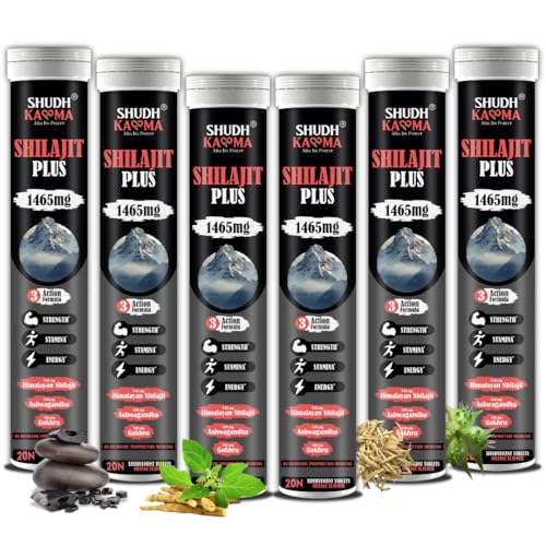 Image of Shudh Kaama Original Himalayan Shilajit /Shilajeet (750mg) Effervescent with Ashwagandha, Gokshura & Safed Musli for Strength & Muscle Gain - (Pack of 6) 120 Tablets
