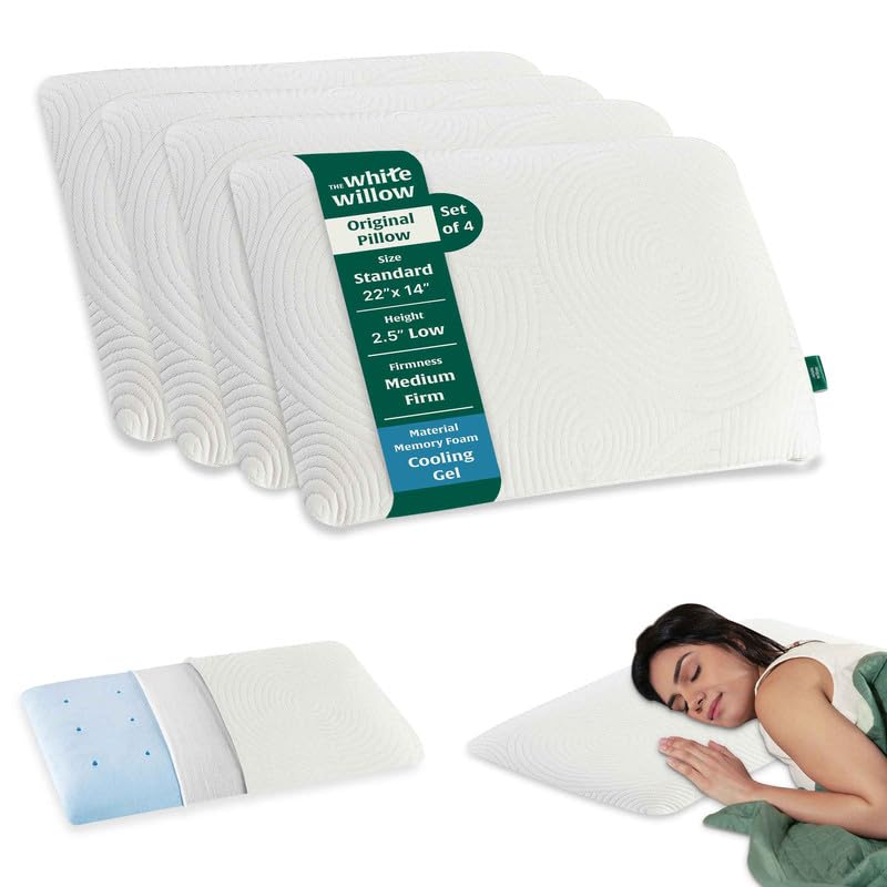 The White Willow Thin Pillow for Sleeping-Slim Memory Foam Pillow Set of 4-Cool Gel Slim Pillow for Neck & Shoulder Pain Relief-Flat Pillow-Orthopedic Cervical Neck Pillow-Standard Size-2.5" H-White