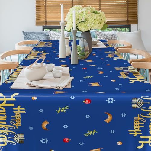 Image of 3 PCS Hanukkah Decorations, 108 inch x 54 inch Blue Gold Hanukkah Tablecloth, Disposable Happy Chanukkah Plastic Tablecloth, Lights Candles Design Rectangle Chanukkah Tablecovers for Jewish Festival Supplies