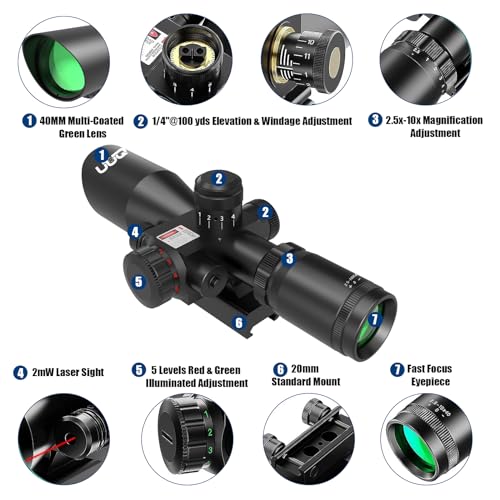 UUQ 2.5-10x40 Rifle Scope with Red/Green Illuminated Mil-dot with Red/Green Laser Combo-Green Lens Color,Tactical Scope for Gun Air Hunting,Free 20/11mm Mounts