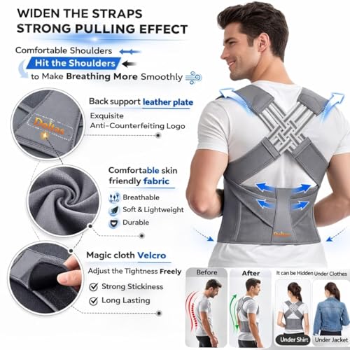 Image of DOLTAS X-Cross Posture Corrector Belt - Universal Size Shoulder & Back Support Belt | Back Straightener Brace for Spine & Body Posture Correction | Clavicle Support for Men & Women | Universal Size (Grey)