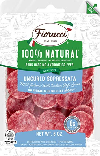 Fiorucci All Natural Uncured Sopressata, Mild Salami with Italian Style Spices, No Nitrites & Antibiotic Free Pork, 6g of Protein, 6 Oz (Pack of 1)