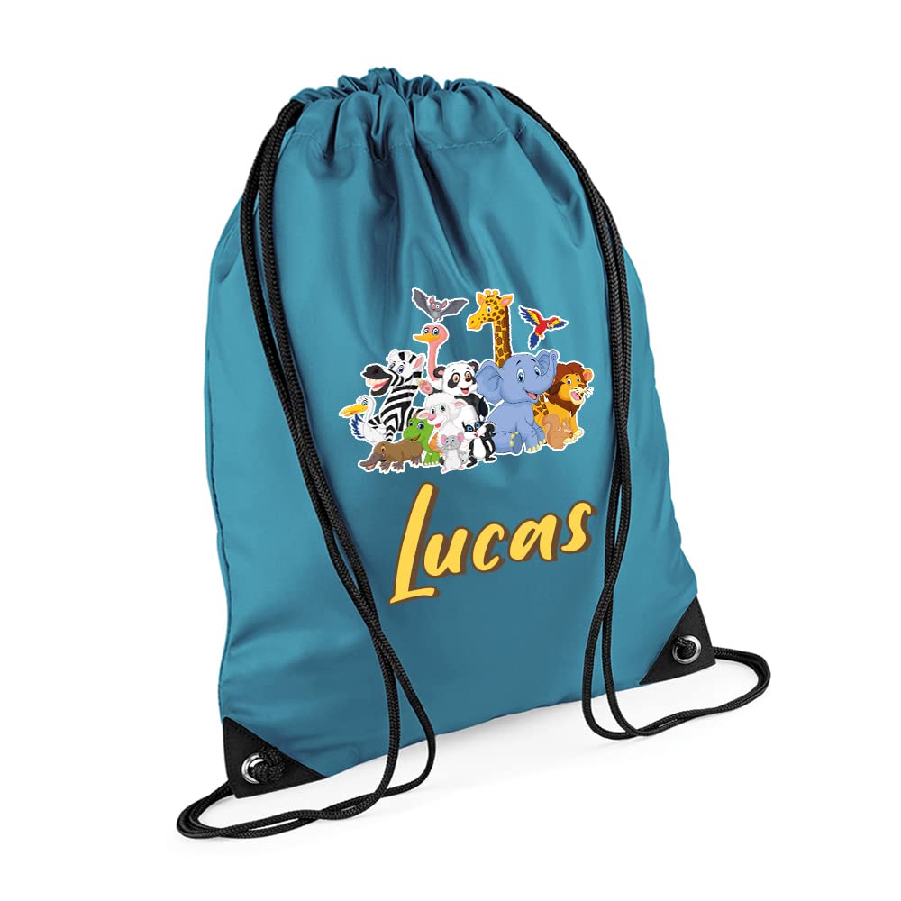 Jungle Theme Bag, Personalised Backpack, forest safari Gift For Kids, Girls, Boys, Funny Wild Animal Gift, Birthday Drawstring Bag, PE Gym Kit Swimming, Sport Rucksack. (Ocean Blue)