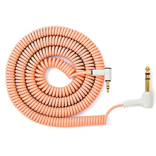 MyVolts Candycord Audio Cable, Angled Mini Jack to Angled Large Jack, Curly 100cm to 200cm, Sunset Peach Colour