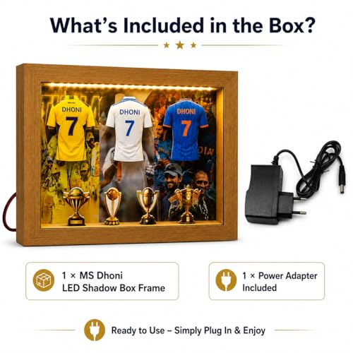 Image of 7 Cricket Jersey Shadow Box Frame with LED Light | CSK Cricket Fan Gift | Sports Display Box for Gaming Room & Bedroom Decor | Cricket Gifts for Men (MS Dhoni)