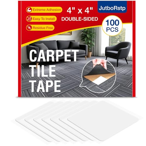 Carpet Tile Tape Double Sided 4 x 4 Inches 100 Tabs Rug Tape Grippers for Indoor Outdoor Use Non Slip Adhesive for Area Rugs on Hardwood Vinyl Concrete Floors Residue Free