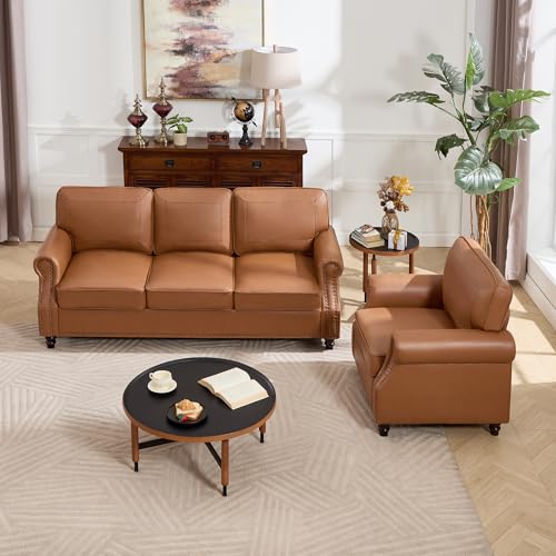 Image of Kingfun Mid-Century Modern Couch, Faux Leather Sofa Set, 3 Seater Couch for Living Room with Rolled arms & Nailhead Trim,Brown