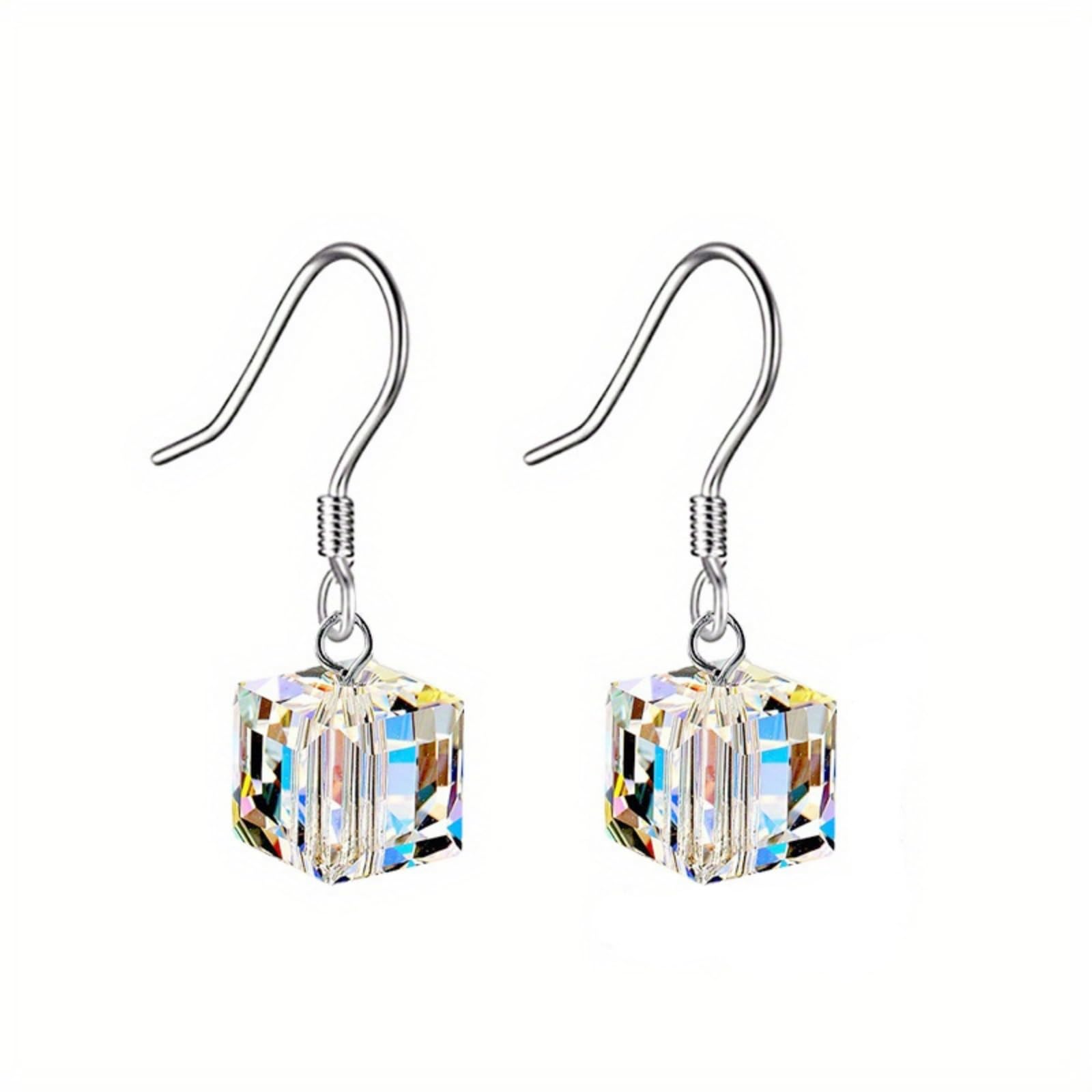 Austrian Crystal Cube Earrings for Women Handmade Exquisite Chic Clear Square Rhinestone Silver Plated Hypoallergenic Dangle Drop Earrings