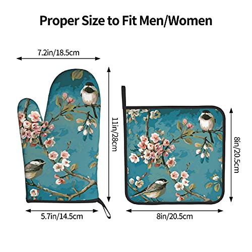 Plum Blossom Bird Oven Mitt Pot Holder Set Heat Soft Resistant Non-Slip Durable For Kitchen Baking Cooking Grilling #TOP1