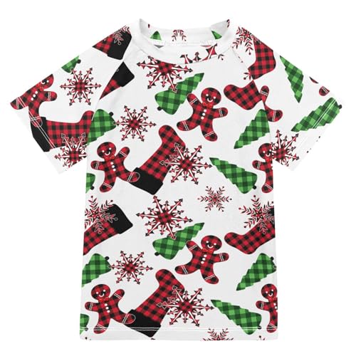 Aflyko Christmas Boys' Swim Shirt Buffalo Plaid Christmas Rash Guard Beachwear Sun Protection Fishing Hiking Camping Surfing Swimming Toddler Infant Summer Daily T-Shirt, 4T Multicoloured