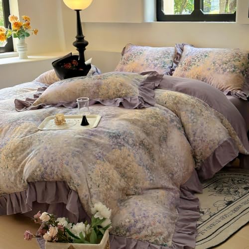 Image of VM VOUGEMARKET Romantic Ruffle Duvet Cover Set Queen,Purple Flower | Soft Double Layer Cotton Botanical Flower Bedding Set,Vintage Cottagecore Aesthetic Comforter Cover for Girls Women