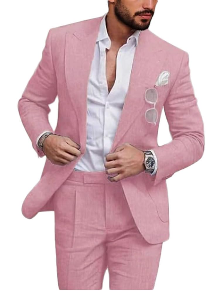 Botong Mens Linen Wedding Suit for Summer One Button Groomsmen Tuxedos Prom Suit Casual Wear Pink 36 Chest / 30 Waist