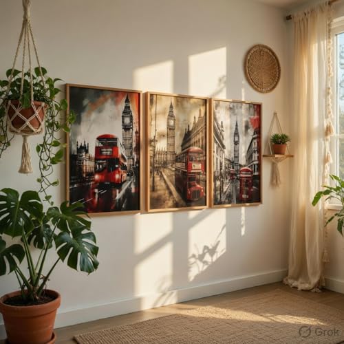 Image of Livin'luxe London City Wall Painting Set of 3 with Wooden Frames | Big Ben & Red Bus London Street Artwork HD Sparkle Laminated MDF Wall Decor | Modern Travel Wall Art for Living Room