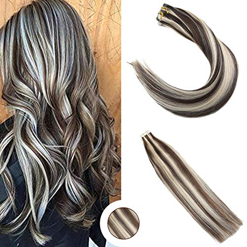 Ugeat 24inch Double Weft Tape in Hair Extensions Dark Brown with Bleach Blonde Glue in Hair Extensions for Short Hair 50 Gram Highlight Tape in Extensions