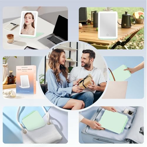 Image of FUNTOUCH Rechargeable Travel Makeup Mirror with Lights, Portable 72 Led Lighted Makeup Mirror, 3 Color Lighting, Dimmable Touch Screen, Type C, Tabletop LED Folding Cosmetic Vanity Mirror
