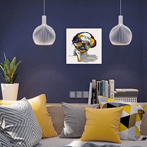 Pug Dog Canvas Wall Art: Handpainted Dog Wall Art Funny Dog Pug Listening Music With Headphones Print For Bedroom Wall Decor Framed Easy To Hang (24"X24"X1 Panel) #TOP5