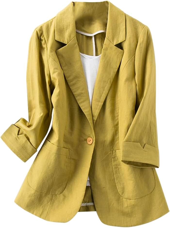 Cotton Linen Blazer for Womens Casual 3/4 Sleeve Open Front Linen 