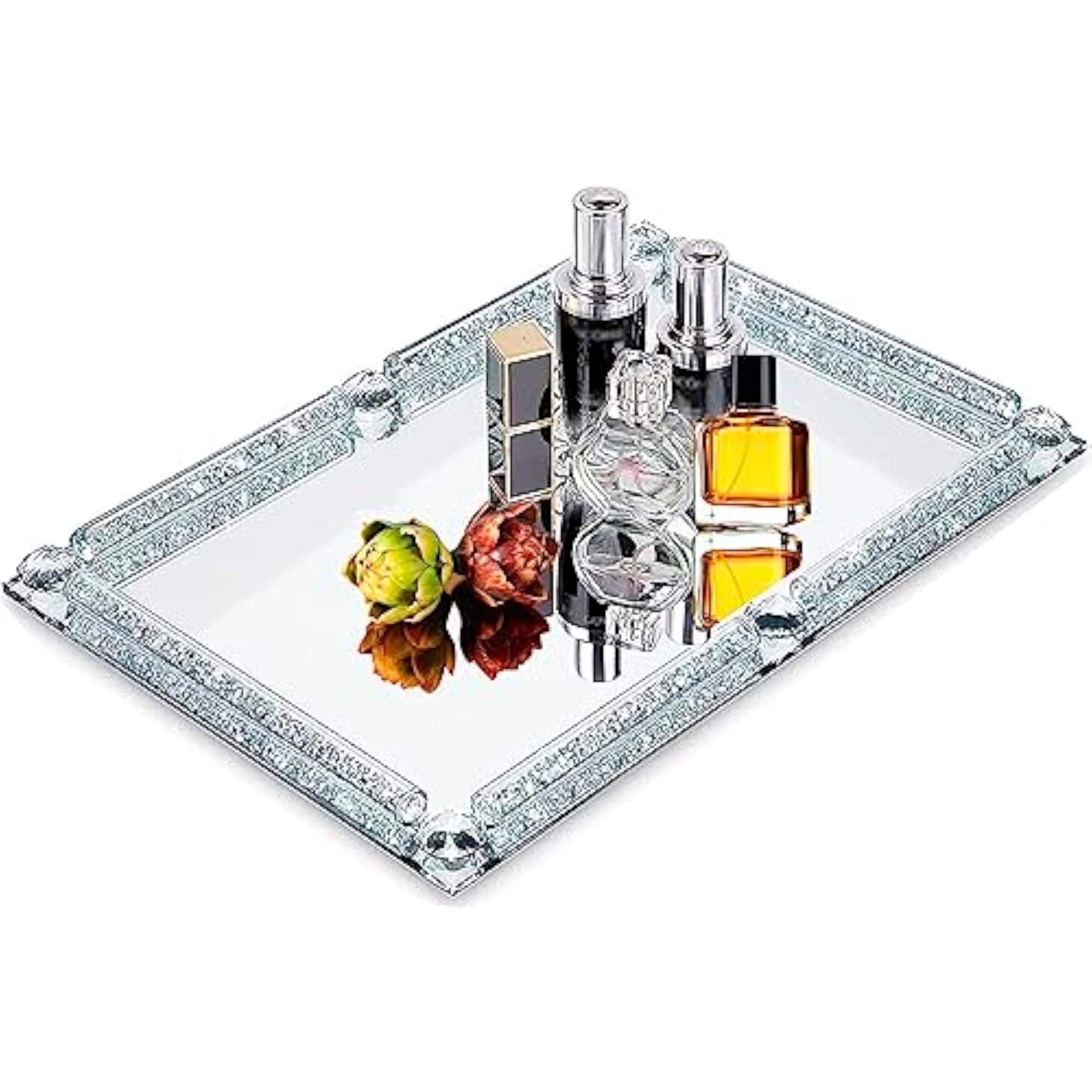 Crystal Glass Tray, 11.8"x7.9" Silver Rectangular Perfume Tray