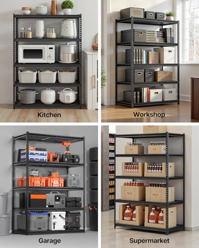 Image of VEVOR Storage Shelving Unit, 5-Tier Adjustable, 2000 lbs Capacity, Heavy Duty Garage Shelves Metal Organizer Wire Rack, Black, 48 inch L x 24 inch W x 72 inch H for Kitchen Pantry Basement Bathroom Laundry Closet