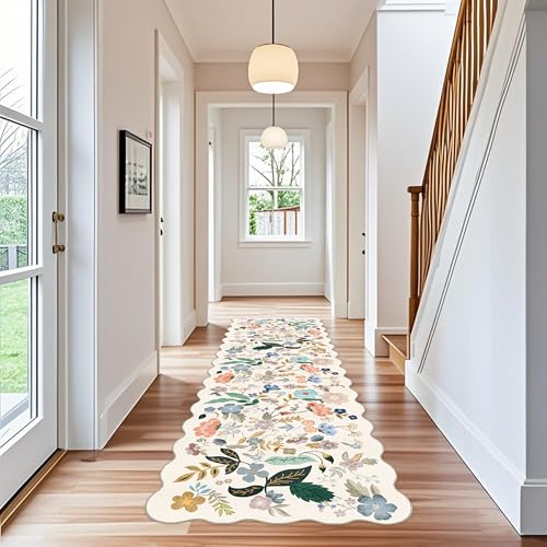 3x10 Washable Hallway Runner Rug: Long Floral Scalloped Soft Runners for Kitchen Entryway Non Slip Bathroom Nursery Floor Mat 10ft Water Resistant Low Pile Carpet for Living Room Bedroom(3x10,Cream)