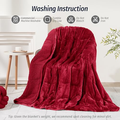 Wemore Sherpa Fleece Weighted Blanket for Adult, 15 lbs Dual Sided Cozy Fluffy Heavy Blanket, Ultra Fuzzy Throw Blanket with Soft Plush Flannel Top, 60 x 80 inches for Queen Burgundy on Both Sides
