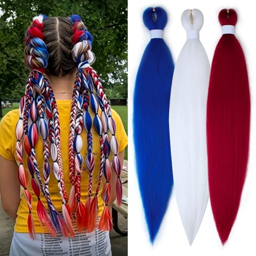 Red White Blue Hair Extensions Colored Braiding Hair Pre Stretched 3 Packs Synthetic Jumbo Crochet Hair Extensions Feed in Hair for festival party cosplay July 4th National Day Independence(26 inch)