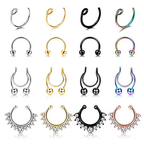 BodyBonita 16pcs Fake Nose Rings Hoop Stainless Steel Septum Nose Rings Faux Lip Ear Nose Septum Rings Non-Pierced Piercing Jewelry for Women Men Clip On Nose Hoop 20G 16G