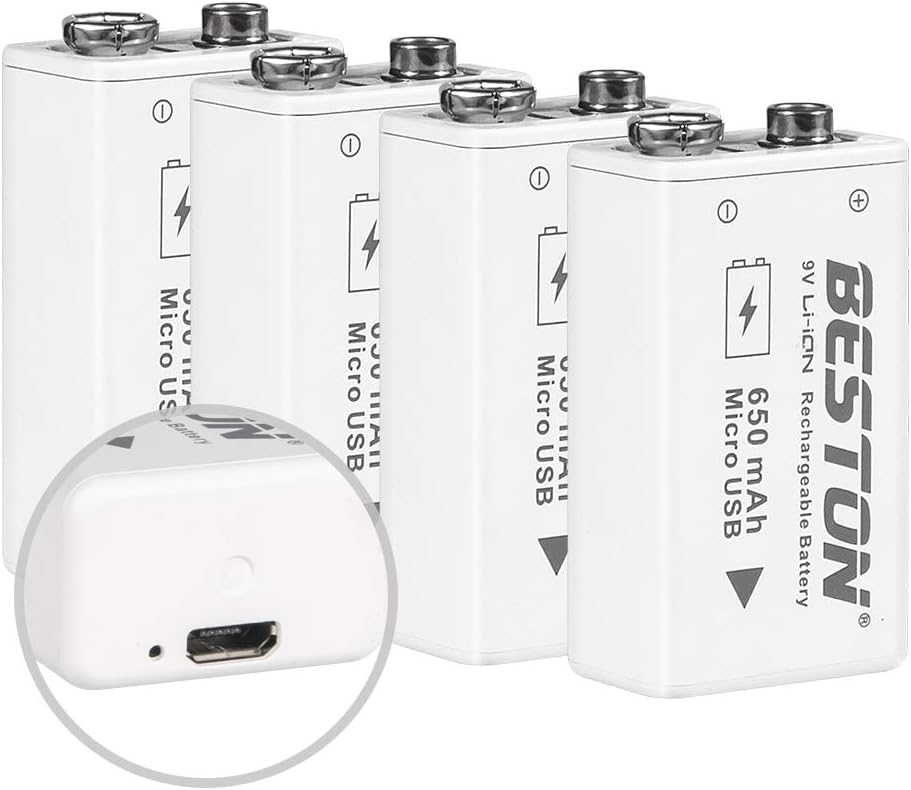BESTON USB Rechargeable 9V Batteries, 650mAh / 5460mWh Lithium Ion Rechargable 9 Volt Battery, 4 Pack