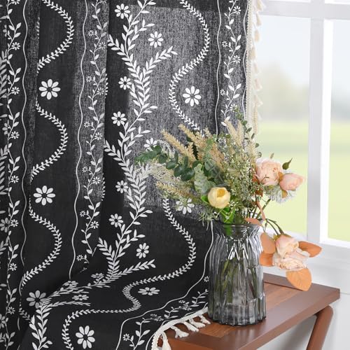 Image of Schweek Boho Tassels Curtains 63 Inches Long 2 Panels for Living Room Black