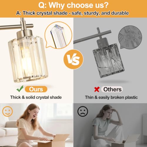 Image of 3-Light Bathroom Vanity Light Fixture, Brushed Nickel Bathroom Light with K9 Clear Crystal Shades, Modern Wall Sconce Lighting for Bathroom Mirror, Bedroom, Hallway