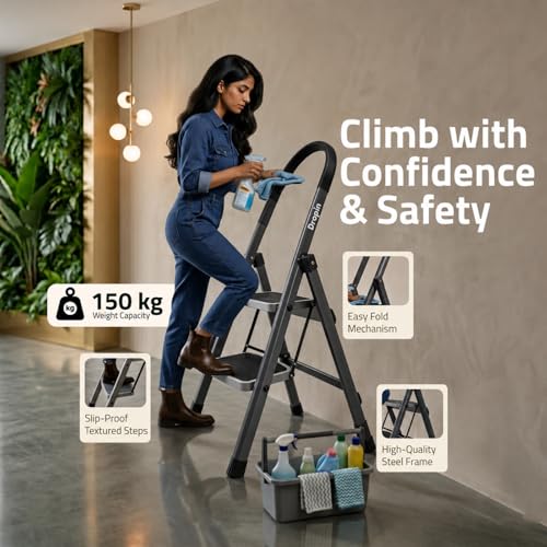 Image of Dropin Premium Steel 2 Step Foldable Ladder for Home Use with Built-in Tool Tray, Climb Easy Anti-Slip Wide Rubber Secure Lock 150Kg Capacity, Heavy Duty D Shape Rods - 20 x 30 cm Large Platform
