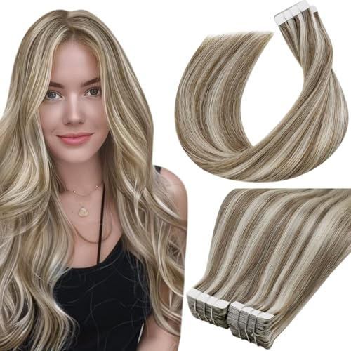 Image of LaaVoo Hair Extensions Tape in Human Hair Invisible Tape in Hair Extensions Brown with Blonde Highlights 16 Inch 40pcs 100 grams