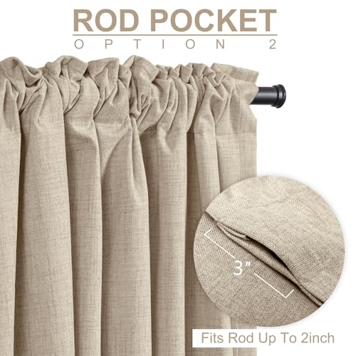 Image of 100% Blackout Shield Linen Blackout Curtains for Bedroom 63 Inches Long, Back Tab /Rod Pocket Living Room Drapes, Thermal Insulated Blackout Curtains 2 Panels Set, 50 inch W x 63 inch L, Oatmeal