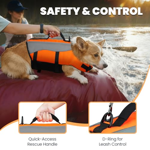 Image of VIVAGLORY Dog Life Vest Front Float Dog Swim Vest, L, Bright Orange | Life Jacket with Chin Float & Handle for Swimming & Boating, High Visibility Adjustable for Doggy Cat Puppy