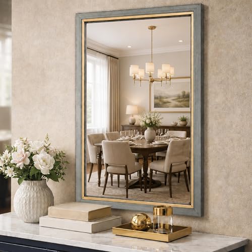 Image of Rousrie Premium Framed Glass Wall Mount Mirror, Decorative, for Bathroom, Bedroom, Living Room, Dressing Room, Wash Basin and Entryway (18 by 24 Inch) (Greyish)