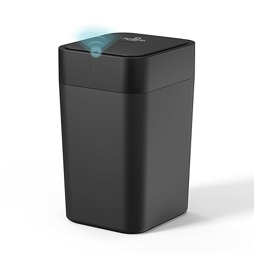 Airvention Bote de basura negro sin contacto con sensor de movimiento, mini armario de basura autoembolsable, cubo de basura inteligente para baño,