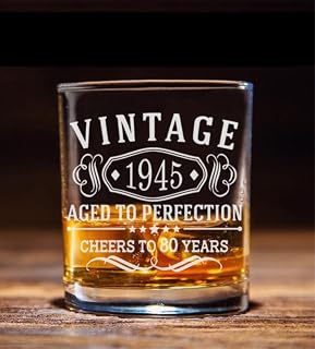 Vintage 1945 Design Whiskey Glass With Your Birth Year And Age Engraved, Great 80th Birthday Gift For Dads And Grandpas Who Have Aged To Perfection, Cheers to 80