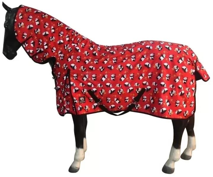 Horse Masters Turnout Rug with Neck Combo – 600D Waterproof & Breathable Horse Rug – 100gsm Panda Print – Brass Clips, Shoulder Gussets & Cross Surcingles – Lightweight Rug for All Seasons, 100gm