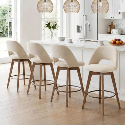 Image of Zesthouse Swivel Bar Stools Set of 4, Wooden Counter Height Chair | Mid century antique solid wood barstool, low back, upholstered beige linen fabric, 26 inch seat height for kitchen counter island