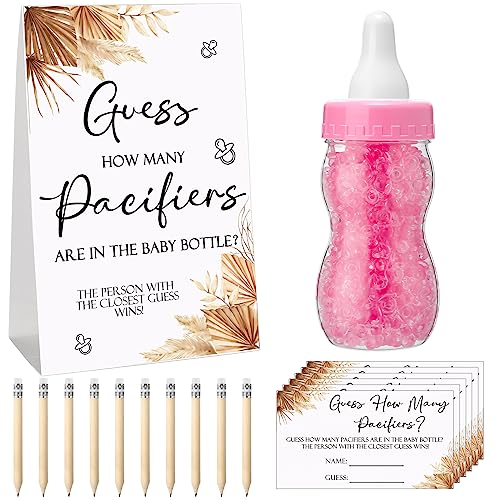 Image of Roowest 512 Pcs Baby Shower Games Guess How Many Pacifiers Sign 100 Small Guessing Games 10 HB Pencils 750ml Milk Bottle 400 Acrylic Pacifiers Decoration for Guest Gender Reveal(Pink,Boho)