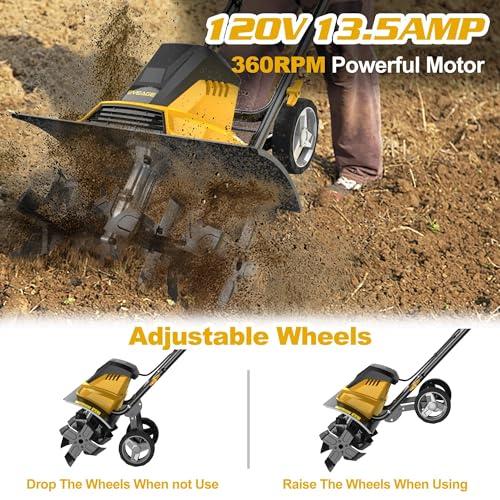Image of EVEAGE 18-Inch 13.5AMP Rototiller for Garden Corded Electric Tiller Machine 4'' - 8'' Farm Tilling Depth, Foldable Handle 6x4 Tines with Adjustable Wheels