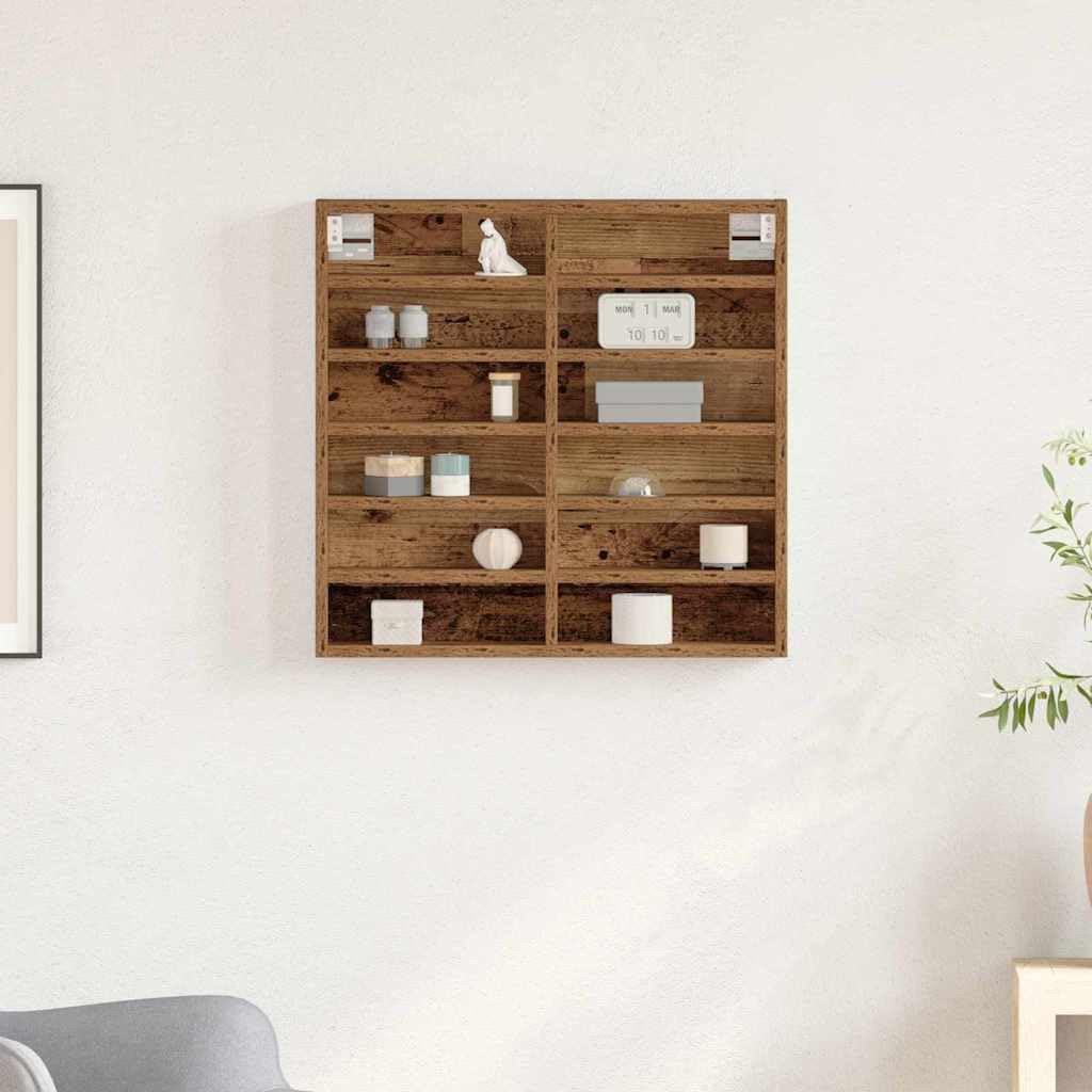 Wandvitrine Altholz-Optik Hängevitrine mit 16 Fächern, Holzwerkstoff Vitrinenschrank schmal für Sammlerstücke, Wandschrank Setzkasten für Wohnzimmer und Büro, 60x8,5x58 cm