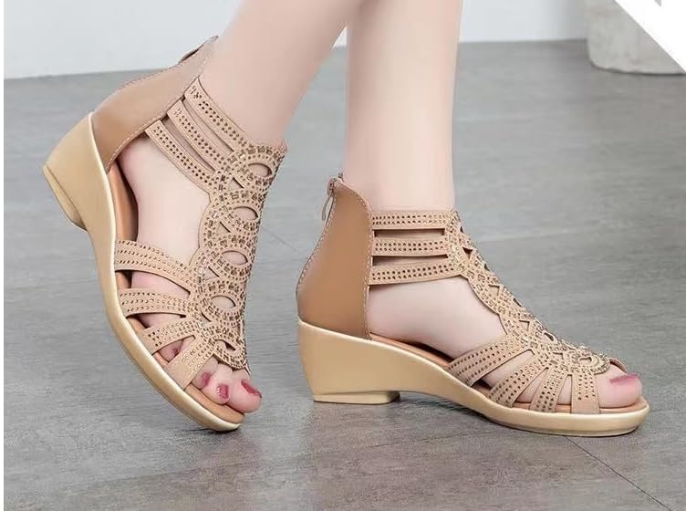 Mid-Heel Breathable Wedge Sandals Chic Summer Rhinestone Wedge Sandals for Women - Open Toe, Back Zipper, Breathable Fabric, Mid-Heel2