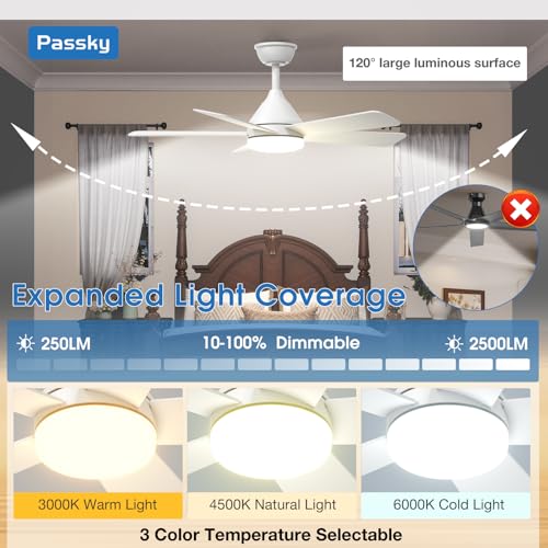 Image of Passky Ceiling Fans with Lights, 42 inch Sleek Ceiling Fan with Light and Remote Control, 3CCT, Dimmable, Reversible, Noiseless, White Ceiling Fan for Bedroom, Living Room