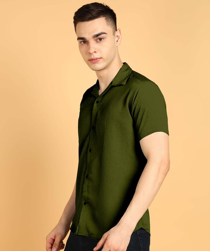 Image of COMBRAIDED Men's Solid Cotton Blend Half Sleeve Shirt - Regular Fit Casual Button-Down Shirt for Office & Travel - Summer & Spring