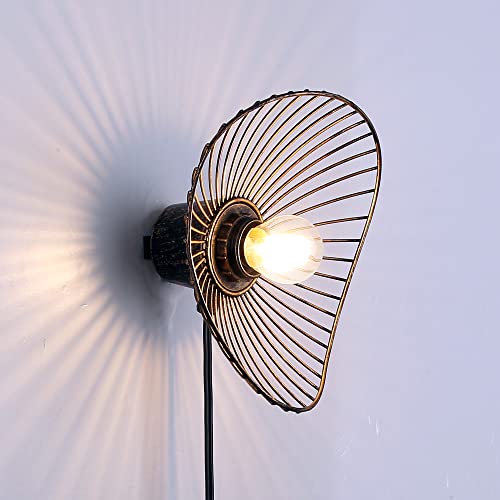 Lustorm 1 Industrial Brass Plug In Wall Lamp Metal Wire Curved Sconce Bronze Modern Design Wall Light With Cord On/Off Switch With E26 Base For Living Room Bedroom Decoration-With No Bulb #TOP14