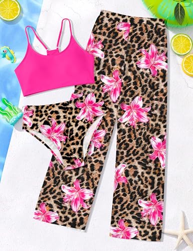 Image of NECIOUS Girls Swimsuit, 3 Piece Bikini Bathing Suit Tropical Floral Swimwear with Cover Up Pants 7-16Y