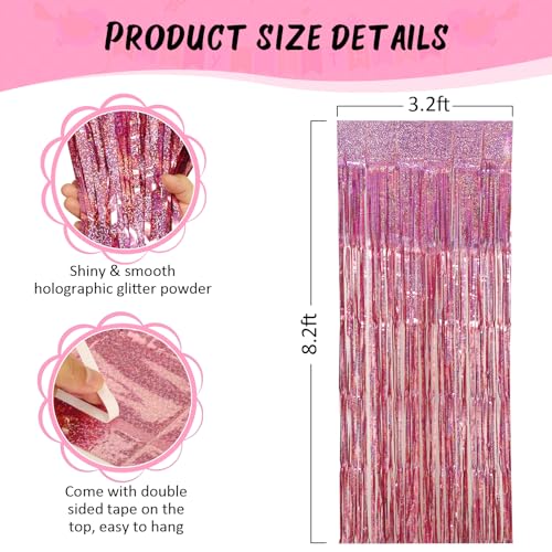 Image of Accevo Pink Party Streamers 3Pack Glitter Foil Fringe Curtain 3.2ft x 8.2ft Pink Party Decor Photo Booth Streamers Metallic Tinsel Door Streamer for Valentines Day Decorations Christening Party Decor